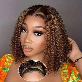 Ombre Highlight Glueless Wigs Human Hair Pre Plucked Pre Cut Deep Wave Bob Wig Human Hair 4/27 Lace Front Wigs for Beginners Upgraded No Glue 4x4 Lace Closure Glueless Wigs for Black Women 12 Inch