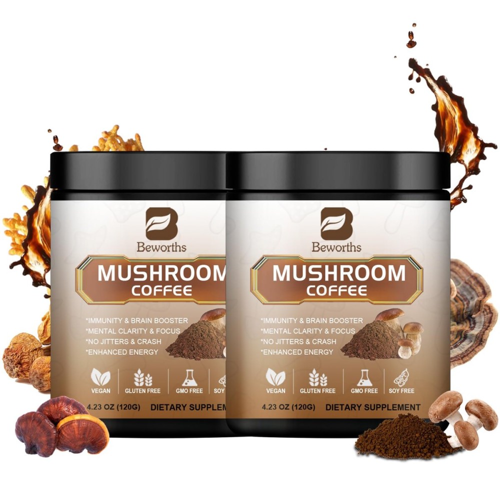 2Pack Mushroom Coffee - Lions Mane Mushroom Powder Arabica Instant Coffee with Lion\'s Mane, Reishi, Chaga, Cordyceps and Turkey Tail - Mushroom Coffe Alternative Support Immune & Focus, Brain Booster