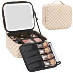 Relavel Travel Makeup Bag With LED Mirror, Cosmetic Train Case with Light up Mirror, Portable Makeup Artist Organizer Bag with Adjustable Dividers, Makeup Brush Holder Storage, Plaid
