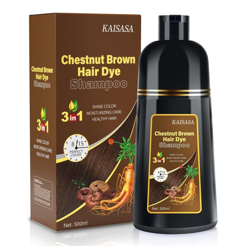 IIIMEIDU Hair Dye Shampoo for Gray Hair, 3 in 1 Herbal Ingredients Natural Dye for Women Men, Grey Coverage 500ml Chestnut Brown 1