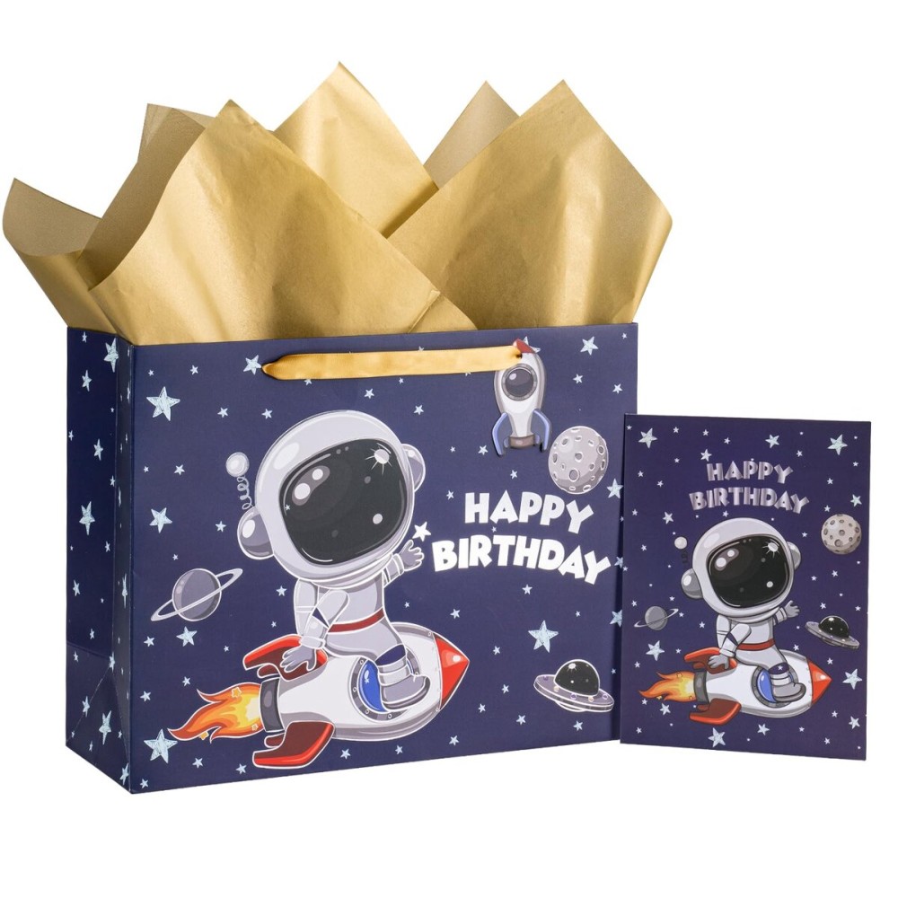 Loveinside Birthday Gift Bag for Boys, Medium Bag with Tissue Paper, Greeting Card and Tag, Blue Outer Space Party Rocket Planet Design for Kids\' Birthday, Theme Party and More, 13 x 5 x 10, 1 Pcs