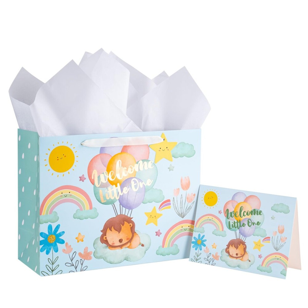 Loveinside Baby Gift Bag - Sleeping Lion and Welcome Little One Text Design with Tissue Paper, Greeting Card and Tag for Baby Shower, Birthday and Party - 13 x 5 x 10, 1 Pcs