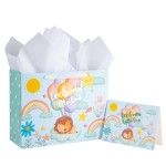 Loveinside Baby Gift Bag - Sleeping Lion and Welcome Little One Text Design with Tissue Paper, Greeting Card and Tag for Baby Shower, Birthday and Party - 13 x 5 x 10, 1 Pcs