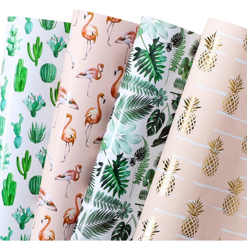 WRAPAHOLIC Summer Wrapping Paper Sheet - 12 Sheets Flamingo/Cactus/Pineapple/Banana Leaf Design Folded Flat for Wedding, Baby Showers, Birthday, Party - 19.7 Inch x 30 Inch Per Sheet