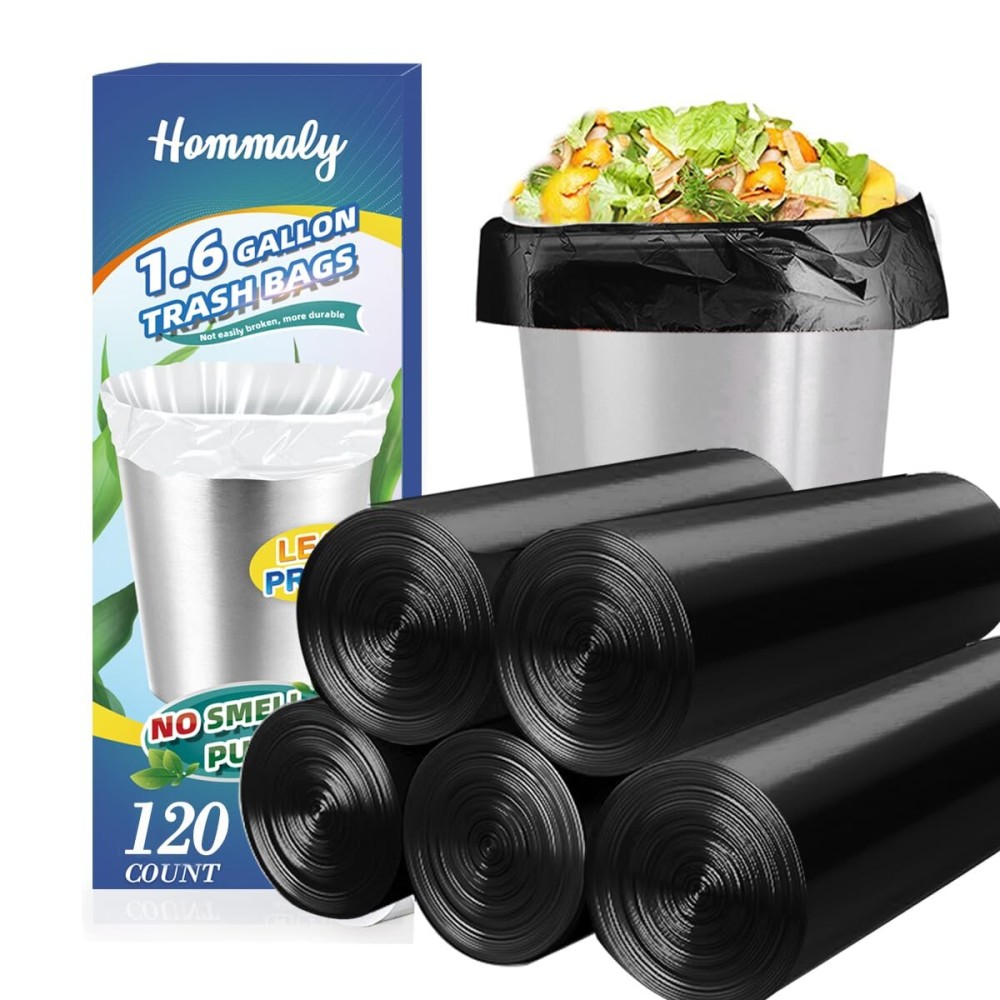1.6 Gallon 120 pcs Small Black Trash Bags, Strong 1.3 Gallon 1.5 Gallon 1.6 Gallon Garbage Bags, Bathroom Trash Can Bin Liners,Mini Bags Waste Basket Liner,Fit 5-6 Liter, 1.6 Gal-Black-120