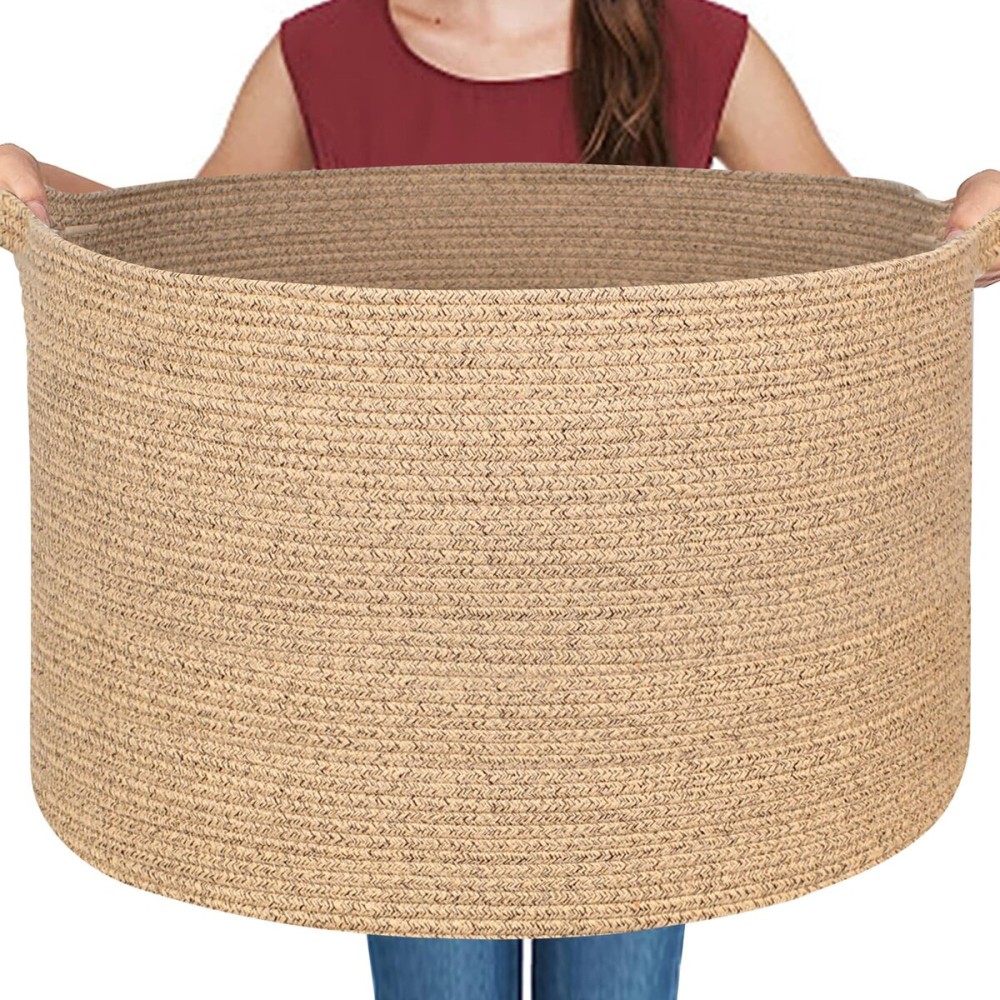 MEGASKET Large Wicker Storage Basket, 22 X 22 X 14 Woven Cotton Rope Basket, Kids Dog Toy Bin Organizer, Blanket Pillow Holder for Living Room, Brown Variegated Wicker Baskets for Organizing