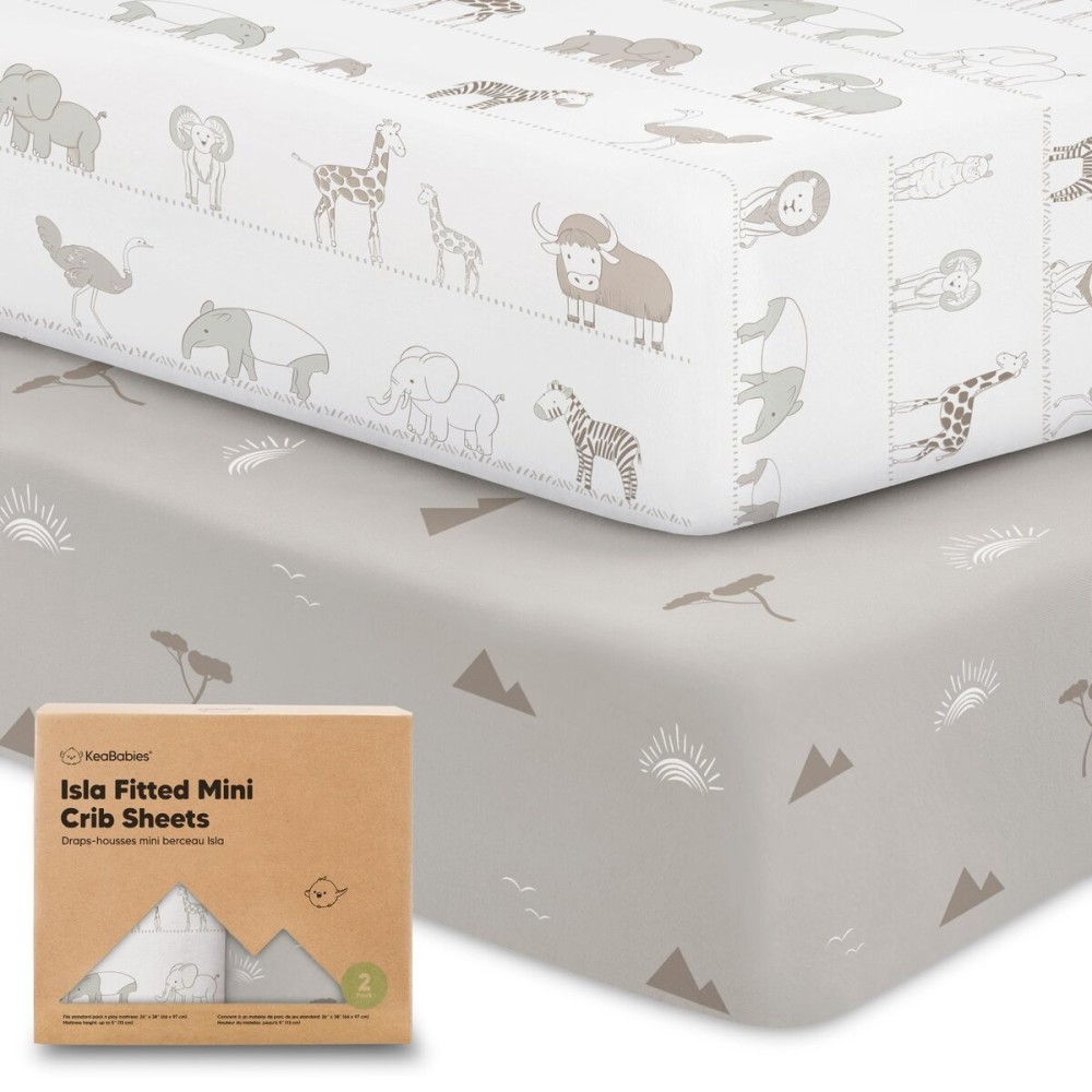 Pack and Play Sheets Fitted - 2-Pack Mini Crib Sheets for Pack N Play Mattress 38x26, Soft & Cozy, Neutral Toddler Playard Bedding, Snug Fitted Mini Baby Crib Mattress Cover Boy, Girl (Savannah)