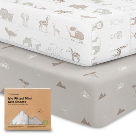 Pack and Play Sheets Fitted - 2-Pack Mini Crib Sheets for Pack N Play Mattress 38x26, Soft & Cozy, Neutral Toddler Playard Bedding, Snug Fitted Mini Baby Crib Mattress Cover Boy, Girl (Savannah)