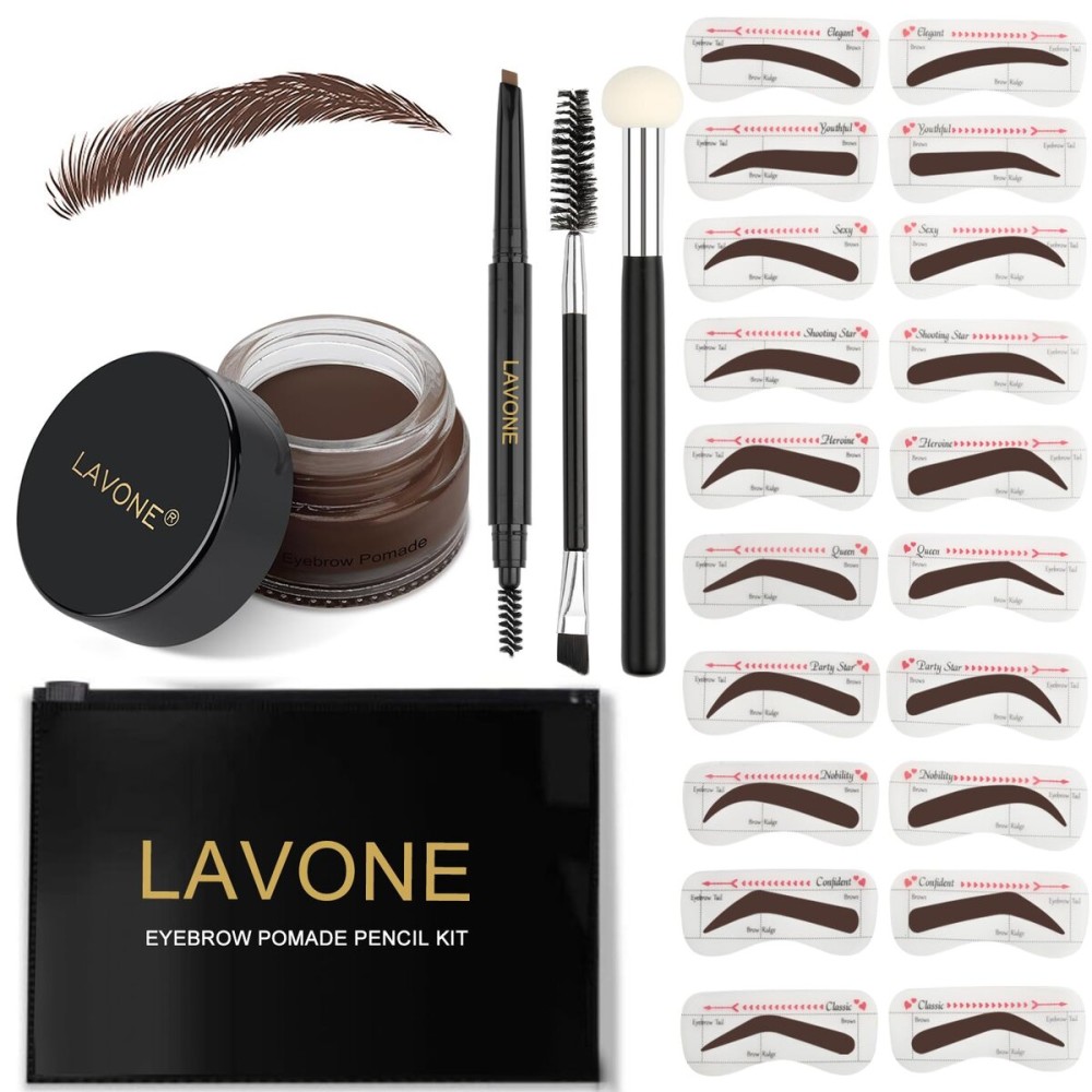 LAVONE Eyebrow Stamp Stencil Kit - Brow Stamp Trio with Waterproof Pencil, Pomade, 20 Stencils, Dual-ended Brush and Sponge Applicator - Espresso