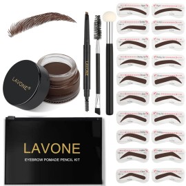 LAVONE Eyebrow Stamp Stencil Kit - Brow Stamp Trio with Waterproof Pencil, Pomade, 20 Stencils, Dual-ended Brush and Sponge Applicator - Espresso