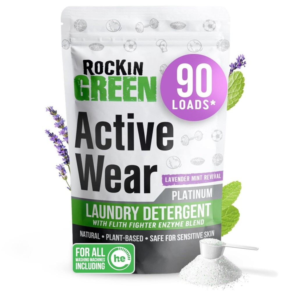 Rockin\' Green Laundry Detergent, Plant based, All Natural Laundry Detergent Powder, Vegan and Biodegradable Odor Fighter, Safe for Sensitive Skin (Active Wear 90 Loads - Lavender Mint)