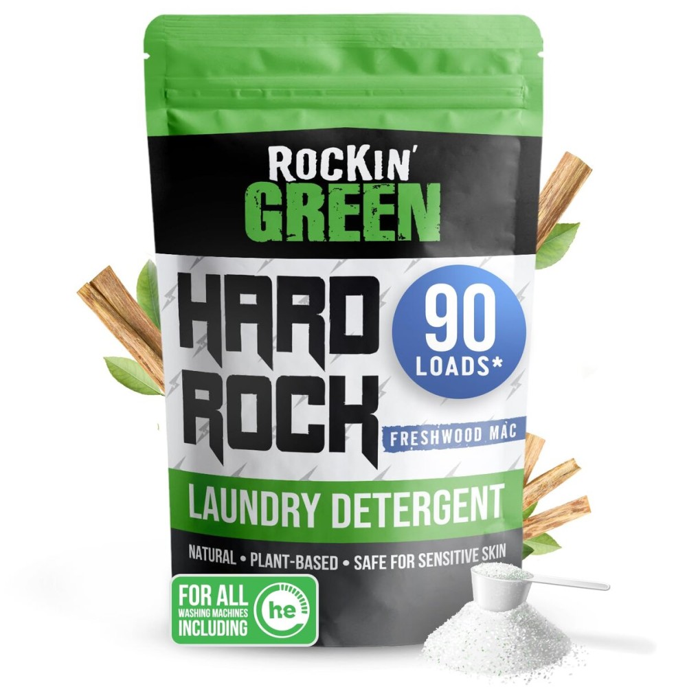 Rockin\' Green Hard Rock Laundry Detergent for Hard Water (90 Loads), Plant based, Natural Laundry Detergent Powder, Biodegradable Odor Fighter, Safe for Sensitive Skin, 45 oz (Freshwood Mac)