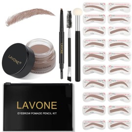 LAVONE Eyebrow Stamp Stencil Kit - Brow Stamp Trio with Waterproof Pencil, Pomade, 20 Stencils, Dual-ended Brush and Sponge Applicator - Ash Blonde