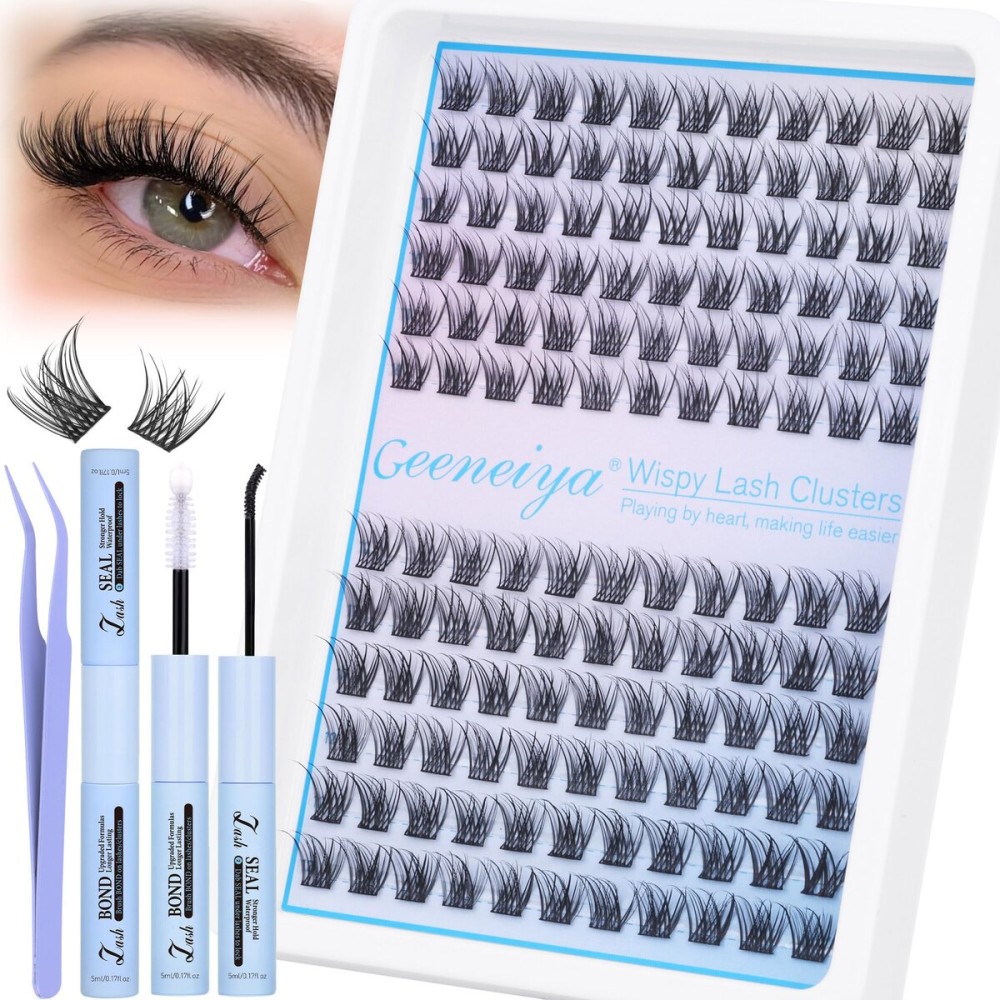Geeneiya Wispy Lash Clusters Kit Natural Eyelash Clusters Kit 10-12MM DIY Lash Extension Kit C Curl Eyelash Extension Kit Short Individual Lashes with Lash Bond and Seal for Beginners