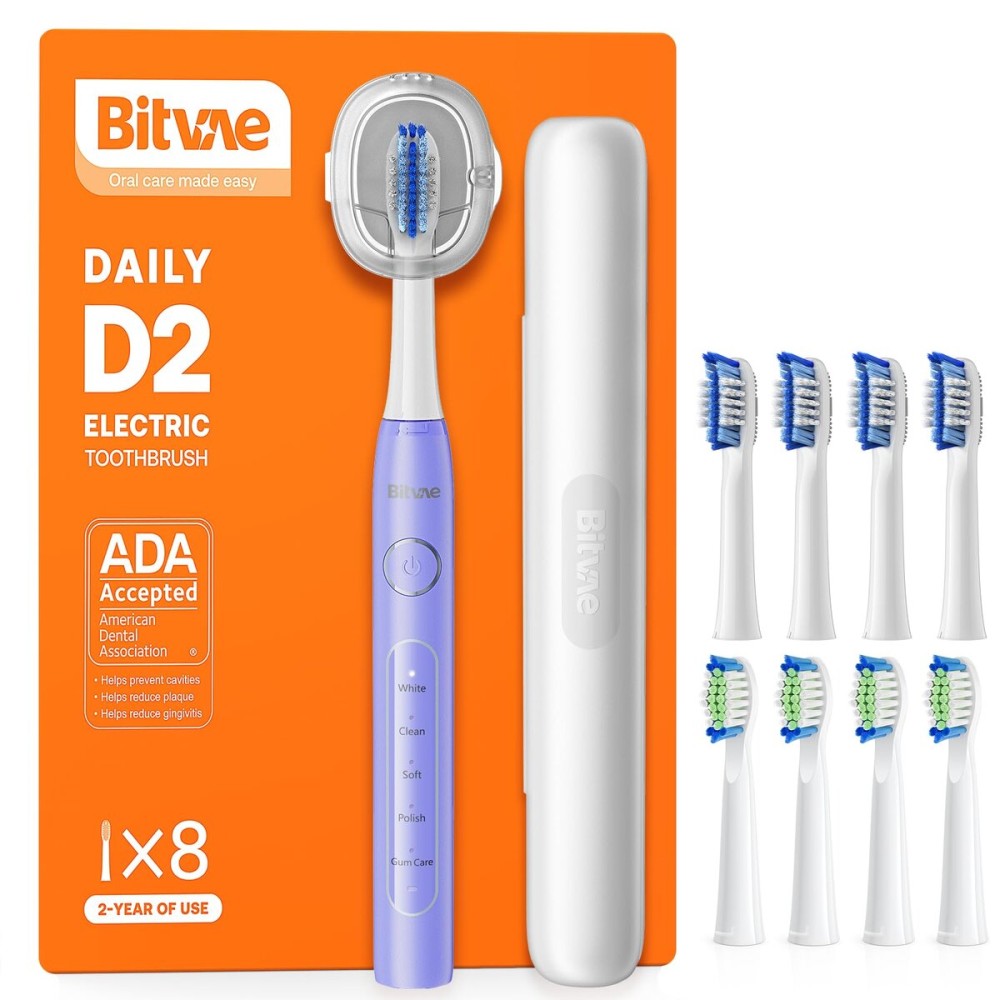 Bitvae Ultrasonic Electric Toothbrush for Adults and Kids, ADA Accepted Travel Toothbrush with Rechargeable 60-Day Battery Life, 5 Modes, 8 Heads, Case, Holder, Purple