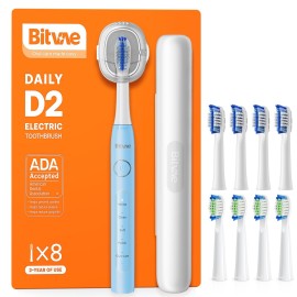 Bitvae ADA Accepted Electric Toothbrush, Travel Toothbrush Rechargeable for Adults and Kids, 60-Day Battery, 5 Modes, 8 Heads, Portable Travel Case & Holder, Sky Blue