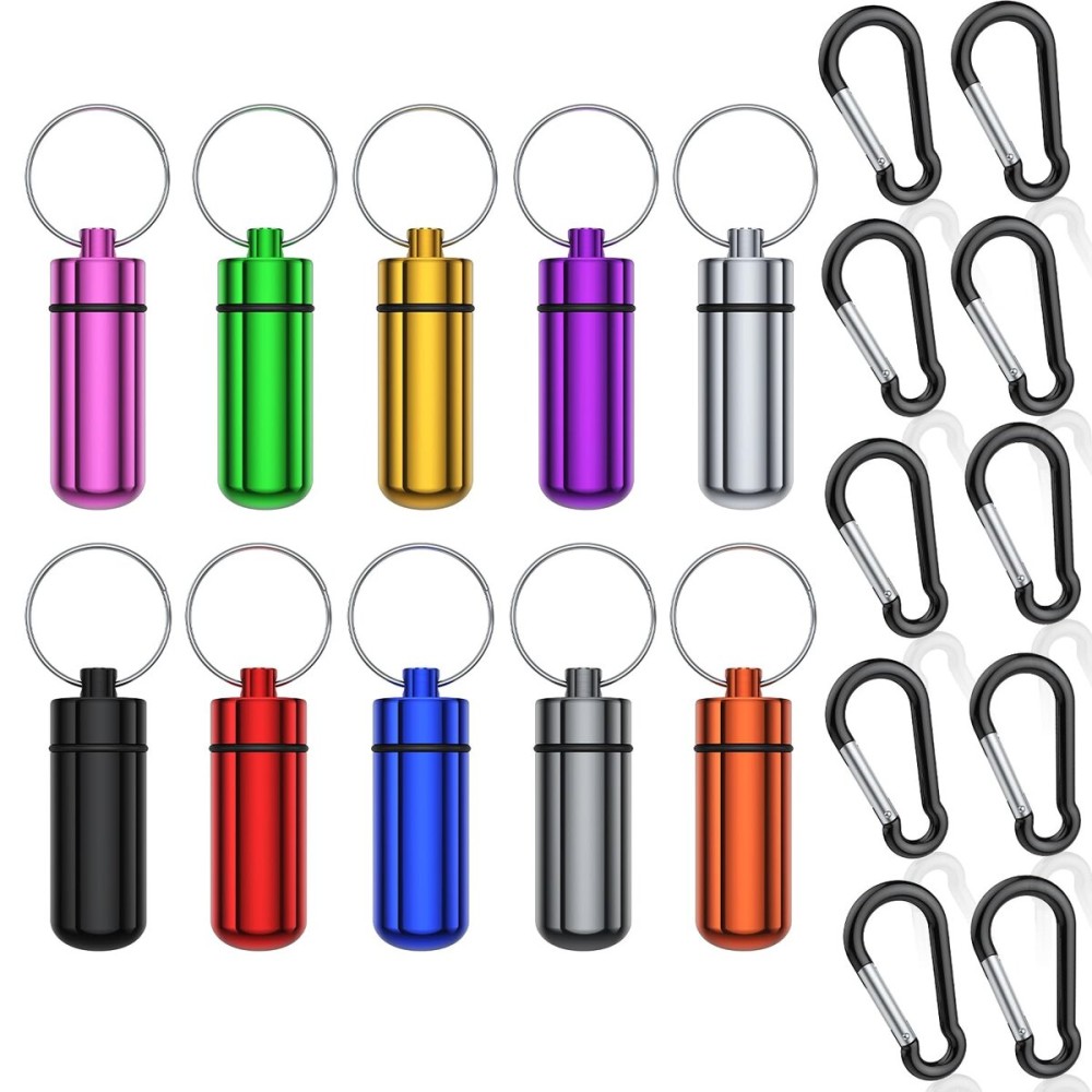 Urekt Small Portable Pill Case with Keychain, (10 Pack + 10 Carabiner Clips) Waterproof Aluminum Pill Organizer Metal Mini Box Pocket Drug Storage Container for Outdoor Camping Travel