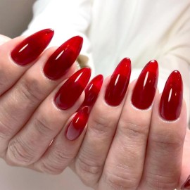 GLAMERMAID Ruby Red Press on Nails Medium Almond, Handmade Jelly Soft Gel Deep Dark Red Glue on Nails Stiletto, Burgundy Emo Fake Nails Short Oval, Reusable Acrylic Stick on False Nails Kit for Women