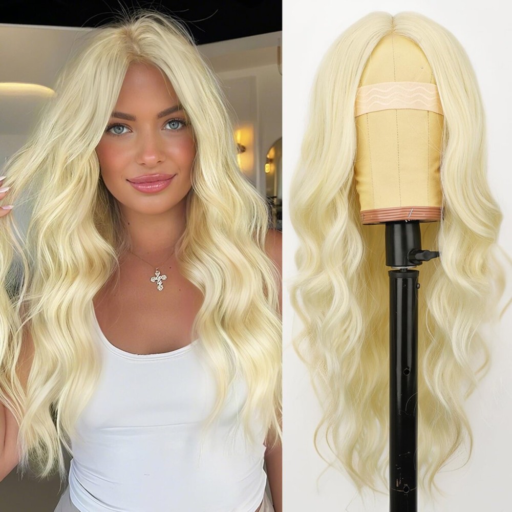AISI HAIR 613 Blonde Wig for Women, Long Wavy Lace Hairline Middle Part Synthetic Wig for Daily Party-26 Inch