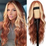 AISI HAIR Ginger Mixed Blonde Wig for Women, Long Wavy Lace Hairline Middle Part Synthetic Wig for Daily Party-26 Inch