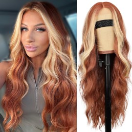 AISI HAIR Ginger Mixed Blonde Wig for Women, Long Wavy Lace Hairline Middle Part Synthetic Wig for Daily Party-26 Inch