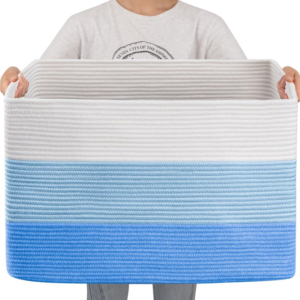 OIAHOMY 108L Super Large Blanket Basket, 25x16x16 Rectangle Woven Baskets for Storage, Cotton Rope Basket For Living Room, Toy Storage with Handle - Gradient Light Blue