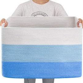 OIAHOMY 108L Super Large Blanket Basket, 25x16x16 Rectangle Woven Baskets for Storage, Cotton Rope Basket For Living Room, Toy Storage with Handle - Gradient Light Blue