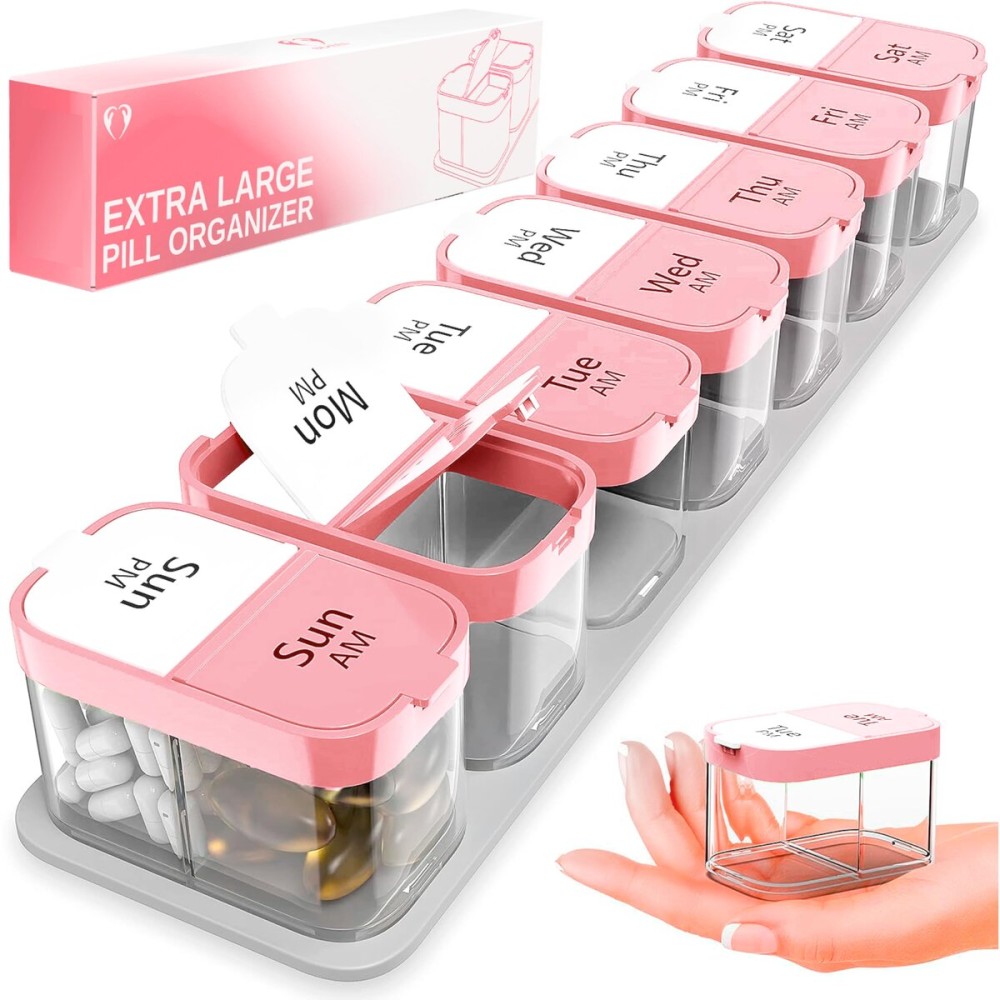 Extra Large Weekly Pill Organizer - XL Vitamin Holder with 7 Detachable AM PM Compartments - Portable Medicine Dispenser for Home and Travel, Big Supplement Container for Weekly or Daily Use, Pink