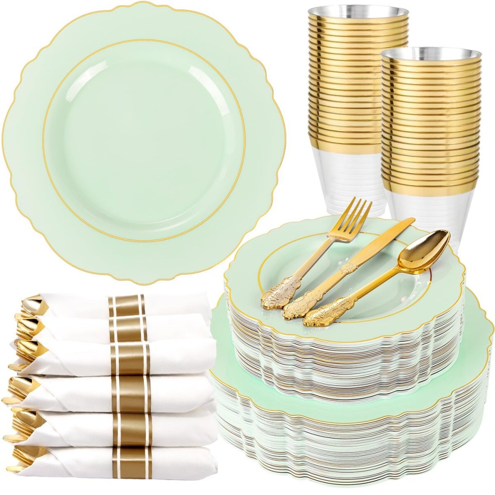 Liacere 350PCS Light Green Plates - Disposable Green and Gold Plastic Plates 50guest Baroque Dinnerware include 100Plates,50Pack Pre Rolled Napkins with Silverware 50Cups for Mother\'s Day