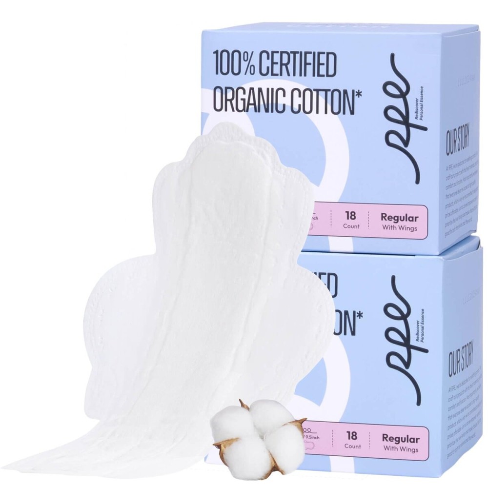 100% Organic Pads for Women, Organic Cotton Cover Pad - Regular Absorbency, Unscented, Ultra Thin Pads with Wings for Women (Regular, Size 3, 36 Count)