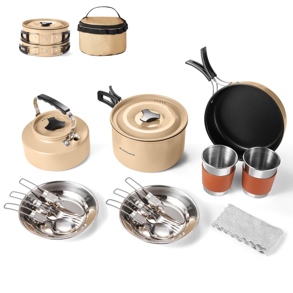 Odoland 15pcs Camping Cookware Mess Kit, Non-Stick Lightweight Pot Pan Kettle Set with Stainless Steel Cups Plates Forks Knives Spoons for Camping, Backpacking, Outdoor Cooking and Picnic