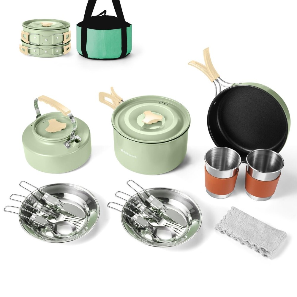 Odoland 15pcs Camping Cookware Mess Kit, Non-Stick Lightweight Pot Pan Kettle Set with Stainless Steel Cups Plates Forks Knives Spoons for Camping, Backpacking, Outdoor Cooking and Picnic