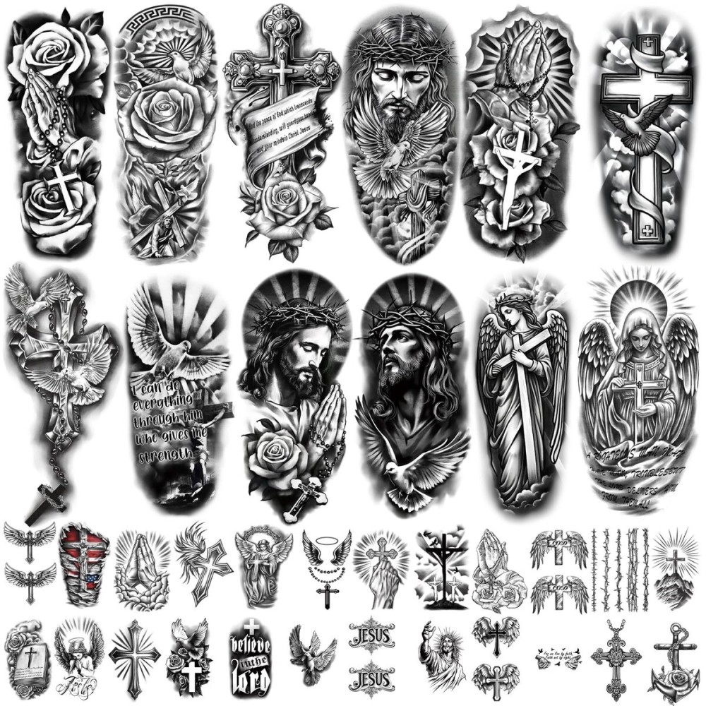 77 Sheets Christian Cross Temporary Tattoo for Women Men, 17 Sheets Half Arm Large Religious Jesus God Fake Tattoos, 60 Sheets Angels Black Christ Tiny for Adult Kids Body Tattoos Stickers Realistic