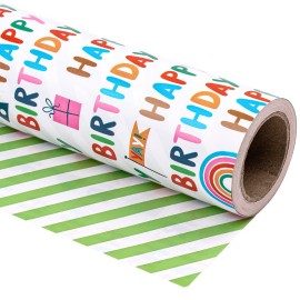 WRAPAHOLIC 30 Inch Reversible Birthday Wrapping Paper - 30 Inch x 33 Feet - Colorful Happy Birthday Lettering and Stripe Design for Holiday, Party, Baby Shower