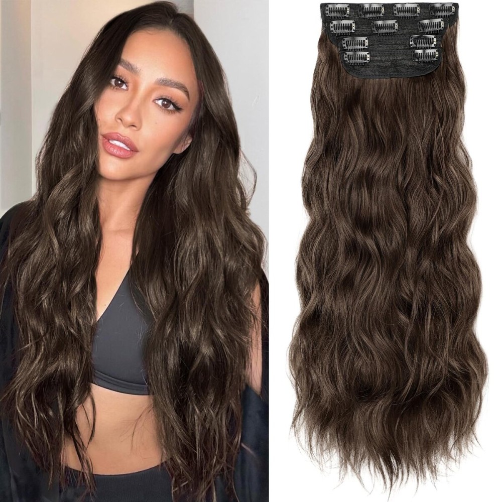 KooKaStyle Hair Extensions Long Wavy 4PCS Thick clip in hair extensions Hairpieces Chocolate Brown Fiber Double Weft Natural Synthetic Hair Extensions 24 Inch for Women