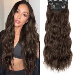KooKaStyle Hair Extensions Long Wavy 4PCS Thick clip in hair extensions Hairpieces Chocolate Brown Fiber Double Weft Natural Synthetic Hair Extensions 24 Inch for Women
