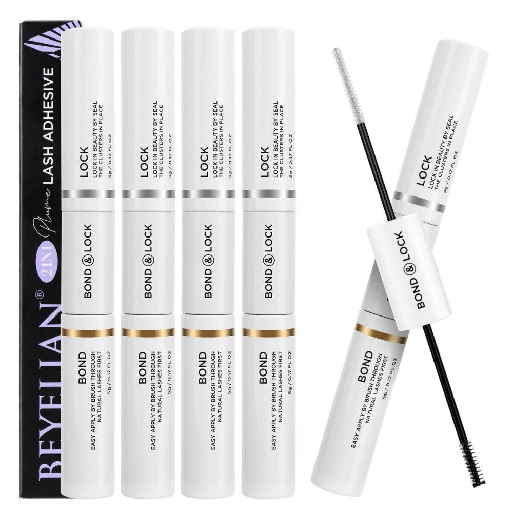 BEYELIAN Lash Bond and Seal, Cluster Lash Glue for Individual Cluster Lashes DIY Eyelash Extensions Latex Free Aftercare Sealant with Mascara Wand Super Strong Hold 72 Hours (4 Pack)