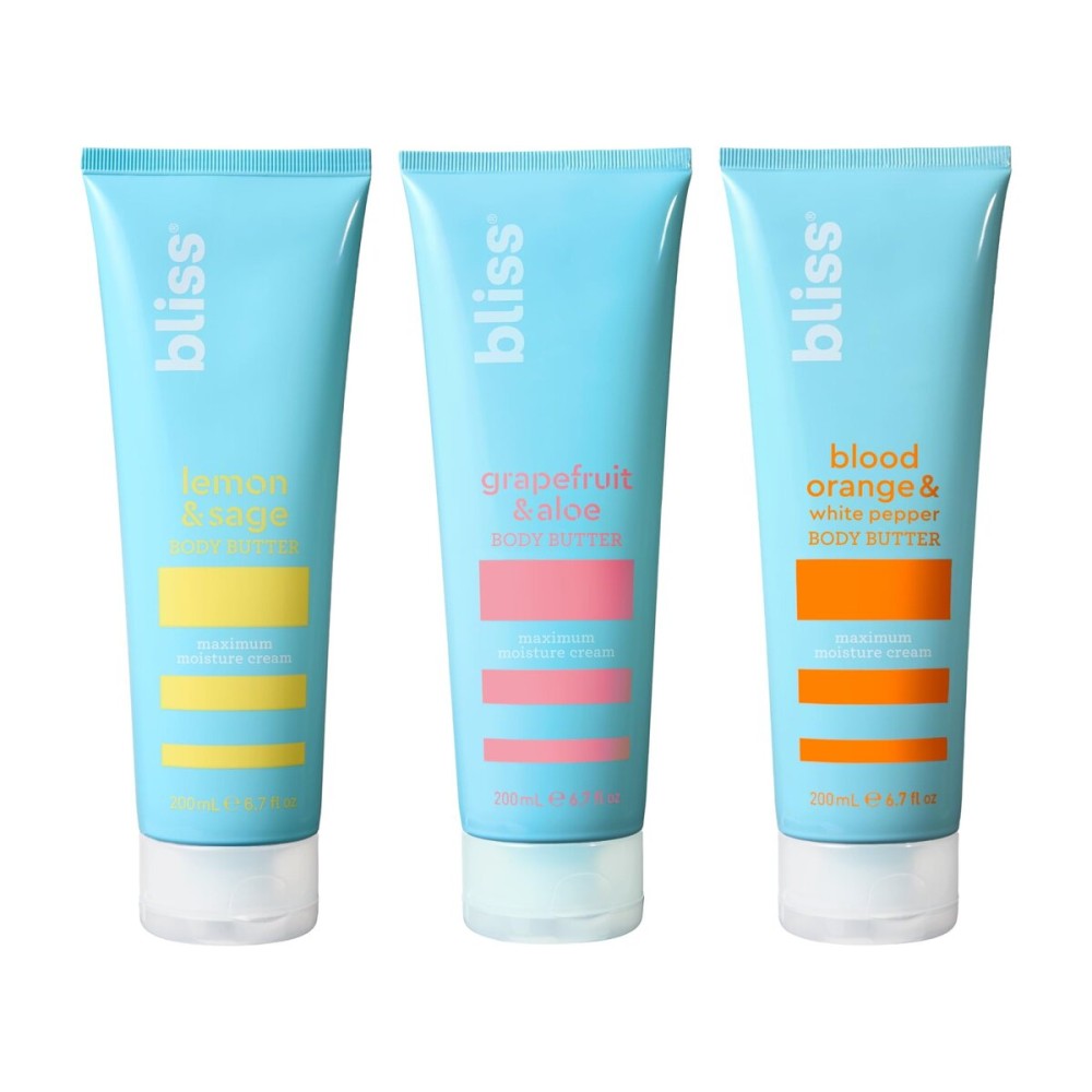 Bliss Body Butter Lotion Trio: Lemon & Sage, Grapefruit & Aloe, Blood Orange & White Pepper. Moisturizing, vegan, cruelty-free body lotion for dry skin. Great for women & men. 6.7 Fl Oz, 3-pack