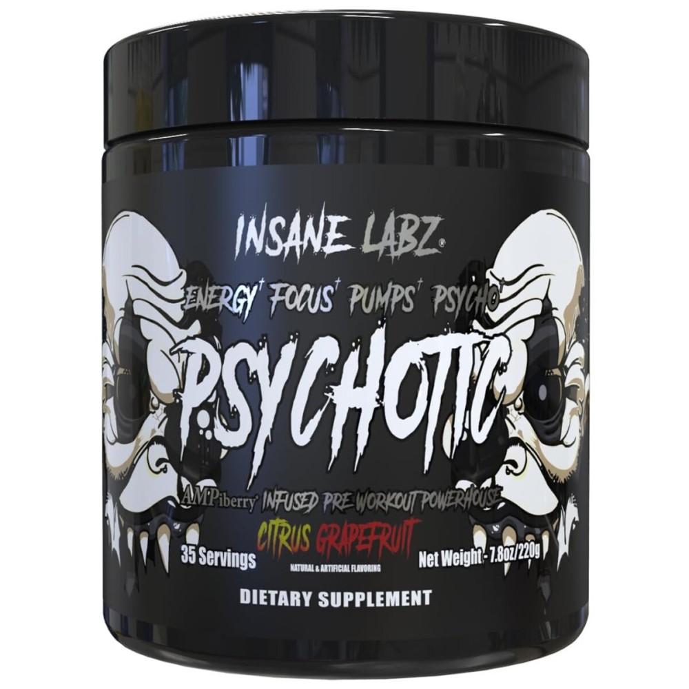Insane Labz Psychotic Black Edition Mid Stimulant Pre Workout Powder, Energy Focus Pumps, Loaded with Creatine Beta Alanine Taurine Fueled by AMPiberry, 35 Servings (35, Citrus Grapefruit)