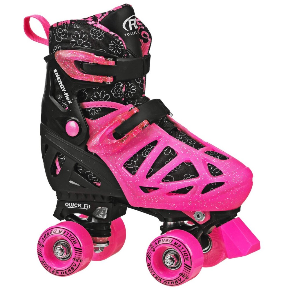 Roller Derby Trac Star Adjustable Skates for Kids, Beginners, Youth Pink Daisy Size Large (3-6)