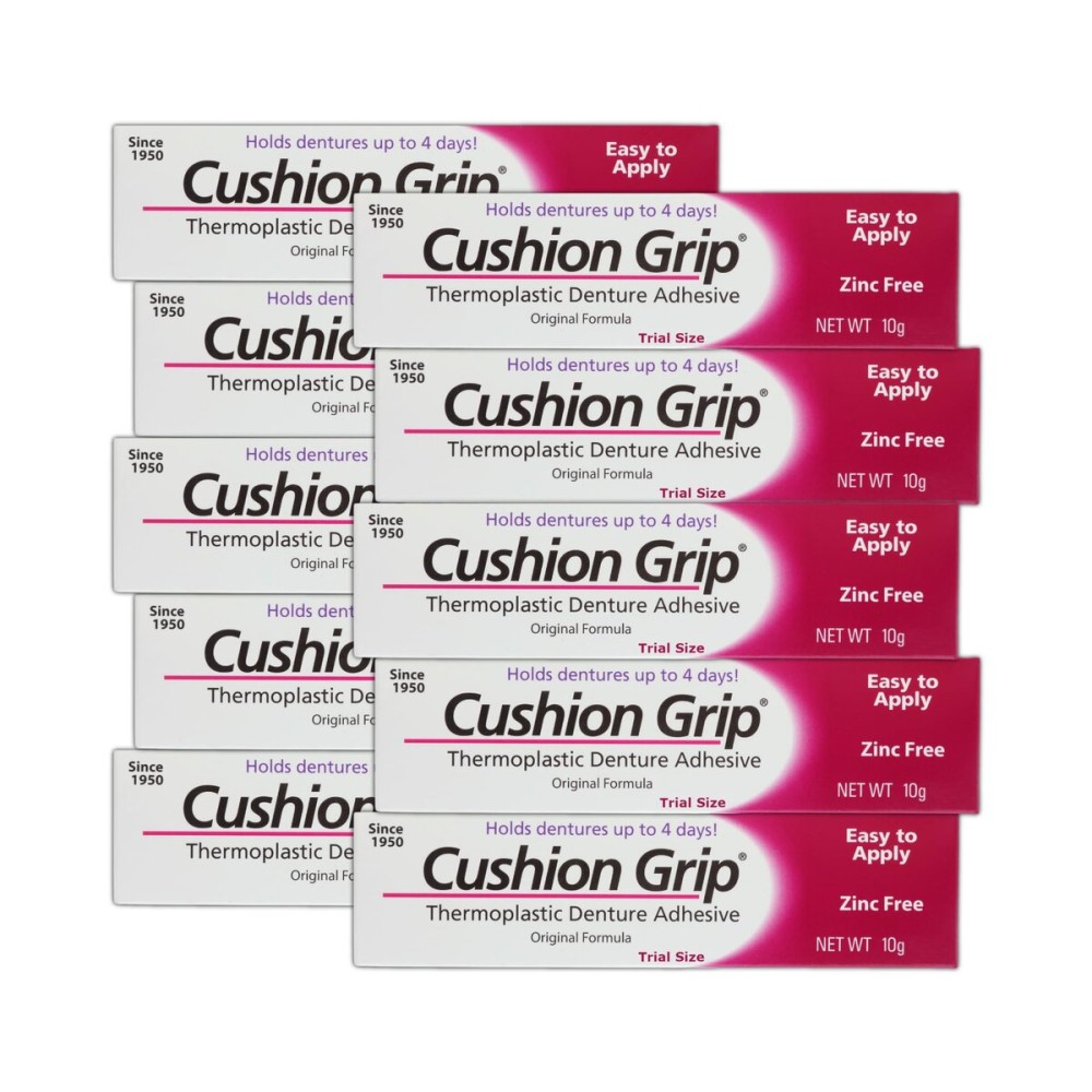 Cushion Grip Thermoplastic Denture Adhesive, 0.35 oz Travel Size (Pack of 10) - Refits and Tightens Loose Dentures for Up to 4 Days | Non-Glue, Zinc-Free, Waterproof Formula, Acts Like a Soft Reliner