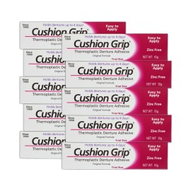 Cushion Grip Thermoplastic Denture Adhesive, 0.35 oz Travel Size (Pack of 10) - Refits and Tightens Loose Dentures for Up to 4 Days | Non-Glue, Zinc-Free, Waterproof Formula, Acts Like a Soft Reliner