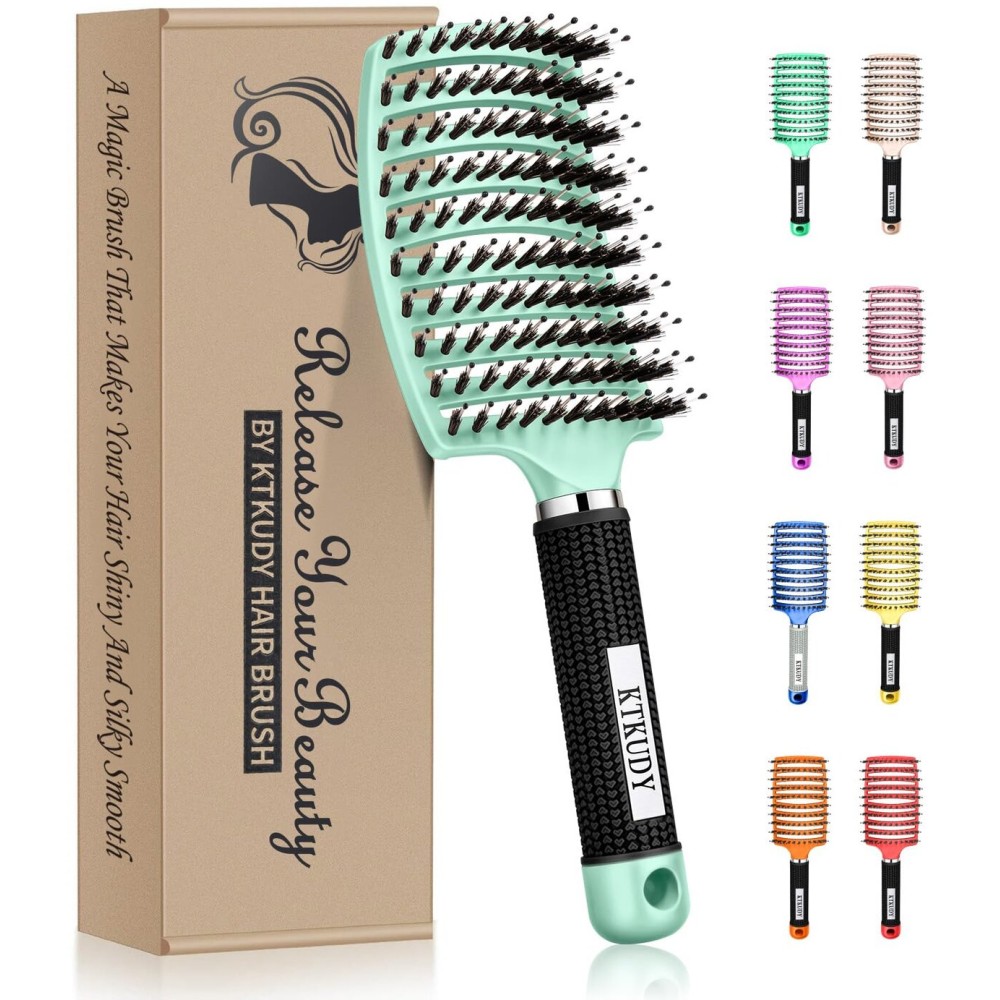 KTKUDY Detangling Brush Boar Bristles HairBrush Make Hair Shiny & Healthier Curved and Vented Detangler Brush for Women Men Kids Wet and Dry Hair (Turquoise)
