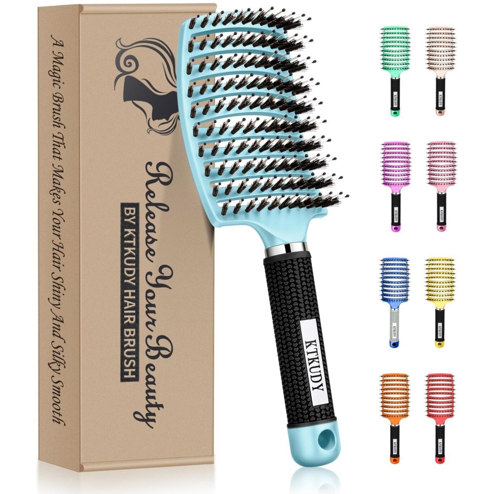 KTKUDY Detangling Brush Boar Bristles Hairbrush Make Hair Shiny & Healthier Curved and Vented Detangler Brush for Women Men Kids Wet and Dry Hair (light Blue)