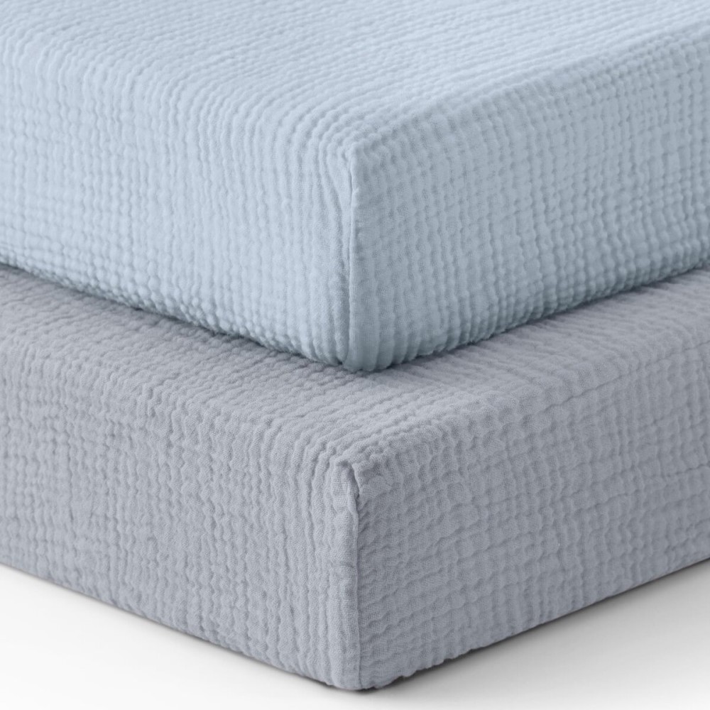 Blissful Diary Muslin Crib Sheets for Girl Boy, Boho Neutral Soft Cotton Baby Sheet for 52\'\'x28\'\' Standard Crib Mattress, 2 Pack(Light Blue&Grey)