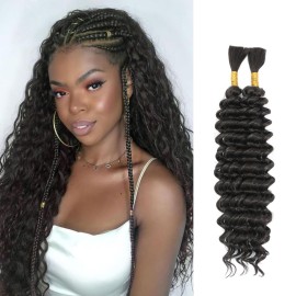 Human Braiding Hair Mix Synthetic Boho Hair for Braiding, 16 Inch Deep Wave Bulk for Boho Braids 2 Pcs Curly Bohemian Wet and Wavy Braiding Hair(4, 16 Inch-2pcs)