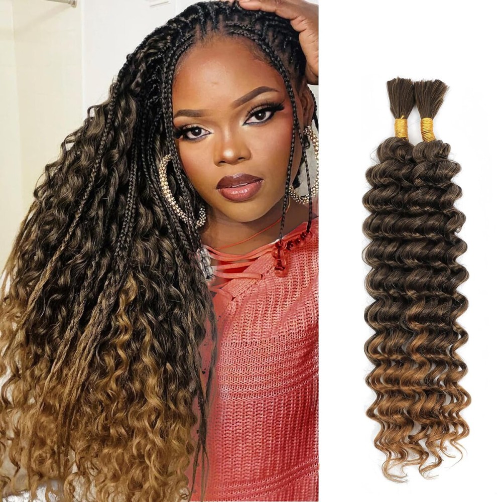 Human Braiding Hair Mix Synthetic Boho Hair for Braiding, 16 Inch Deep Wave Bulk for Boho Braids 2 Pcs Curly Bohemian Wet and Wavy Braiding Hair(4/27, 16 Inch-2pcs)