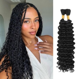 Human Braiding Hair Mix Synthetic Boho Hair for Braiding, 16 Inch Deep Wave Bulk for Boho Braids 2 Pcs Curly Bohemian Wet and Wavy Braiding Hair(1B, 16 Inch-2pcs)
