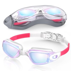Aegend Swim Goggles, Swimming Goggles No Leaking Full Protection Adult Men Women Youth, Raspberry-red White