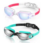 Aegend Swim Goggles, 2 Pack Swimming Goggles No Leaking Adult Men Women Youth, Raspberry-red White & Light-blue Silver